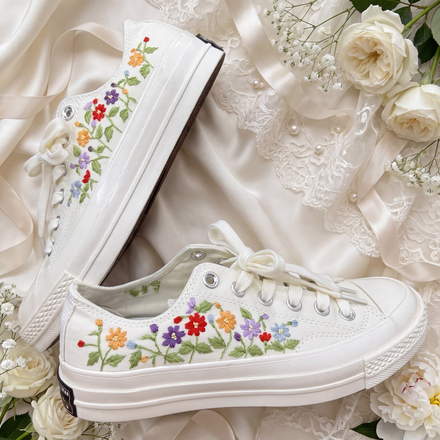 Hand Embroidered Bridal Converse Shoes | Custom Colorful Wildflower Wedding Sneakers | Personalized White Converse Gift for Bride