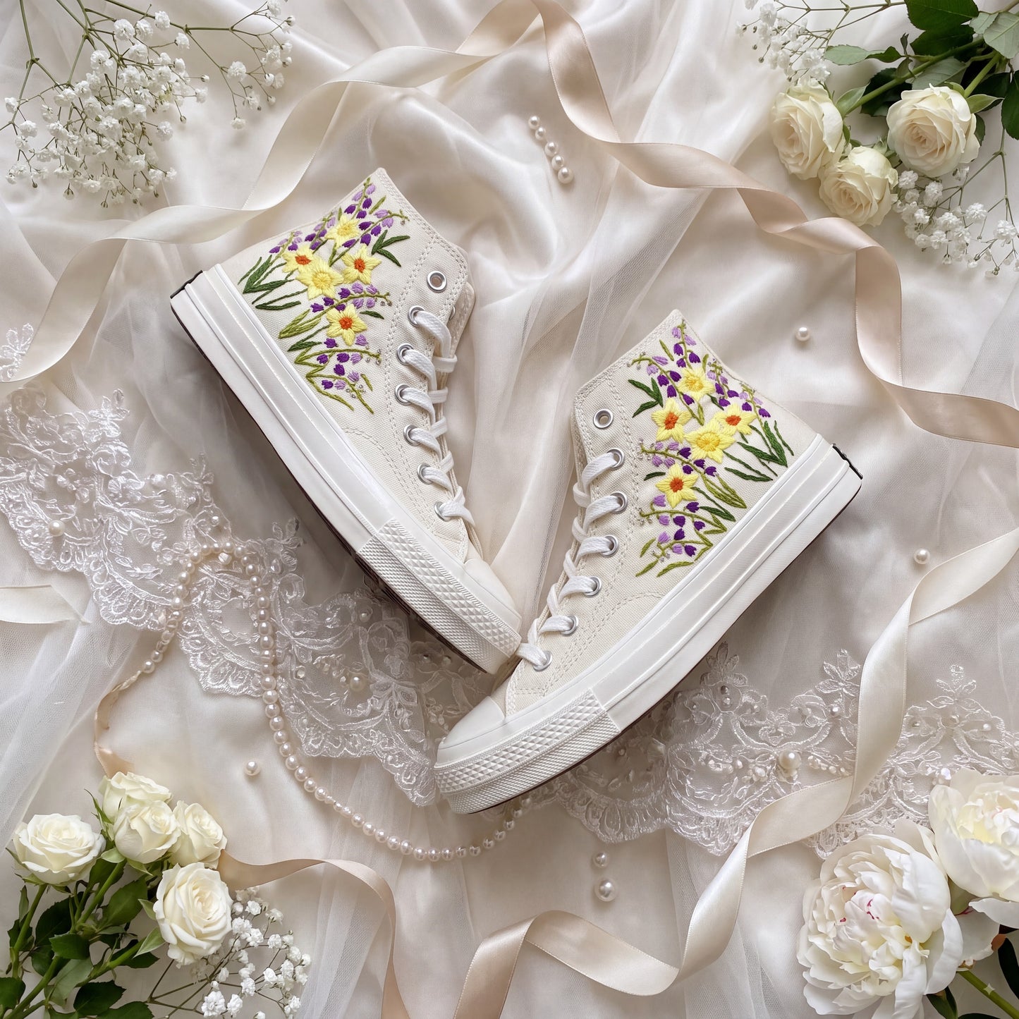Hand Embroidered Bridal Converse Shoes | Custom Daffodil & Lavender Wedding Sneakers | Personalized White Converse Gift for Bride