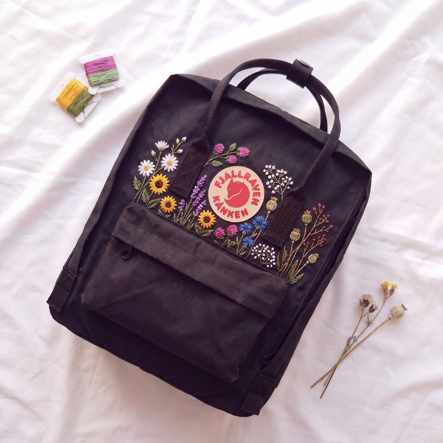 Hand Embroidered Fjallraven Kanken Backpack | Wildflower Floral Backpack | Sunflower Daisy Kanken Bag | Custom Personalized Backpack