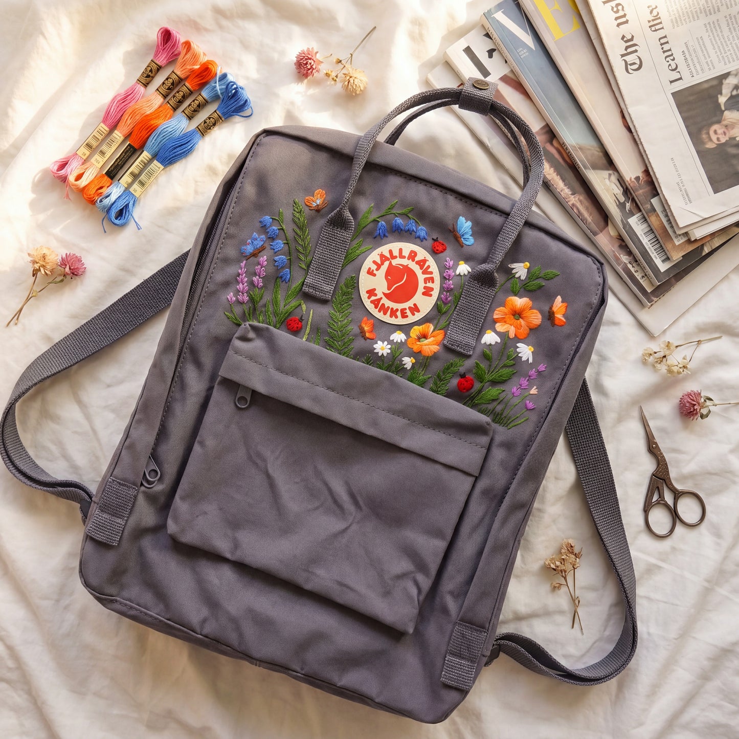 Fjallraven Kanken Wildflower Embroidered Backpack | Poppy Bluebell Daisy Floral Kanken Bag | Butterfly Ladybug Garden Design | Shool Backpack