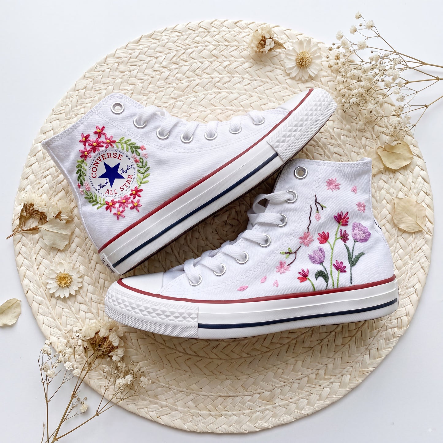 Hand Embroidered High Top Converse Shoes | Custom Tulip & Cherry Blossom Sneakers | Personalized White Canvas Converse Gift