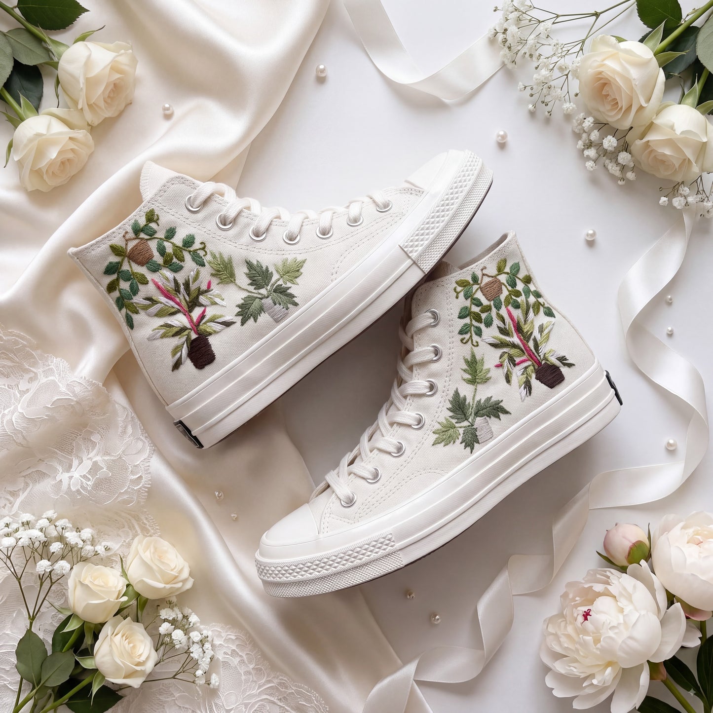 Hand Embroidered Botanical Bridal Converse Shoes | Custom Plant Lover Wedding Sneakers | Personalized White Converse Gift for Bride