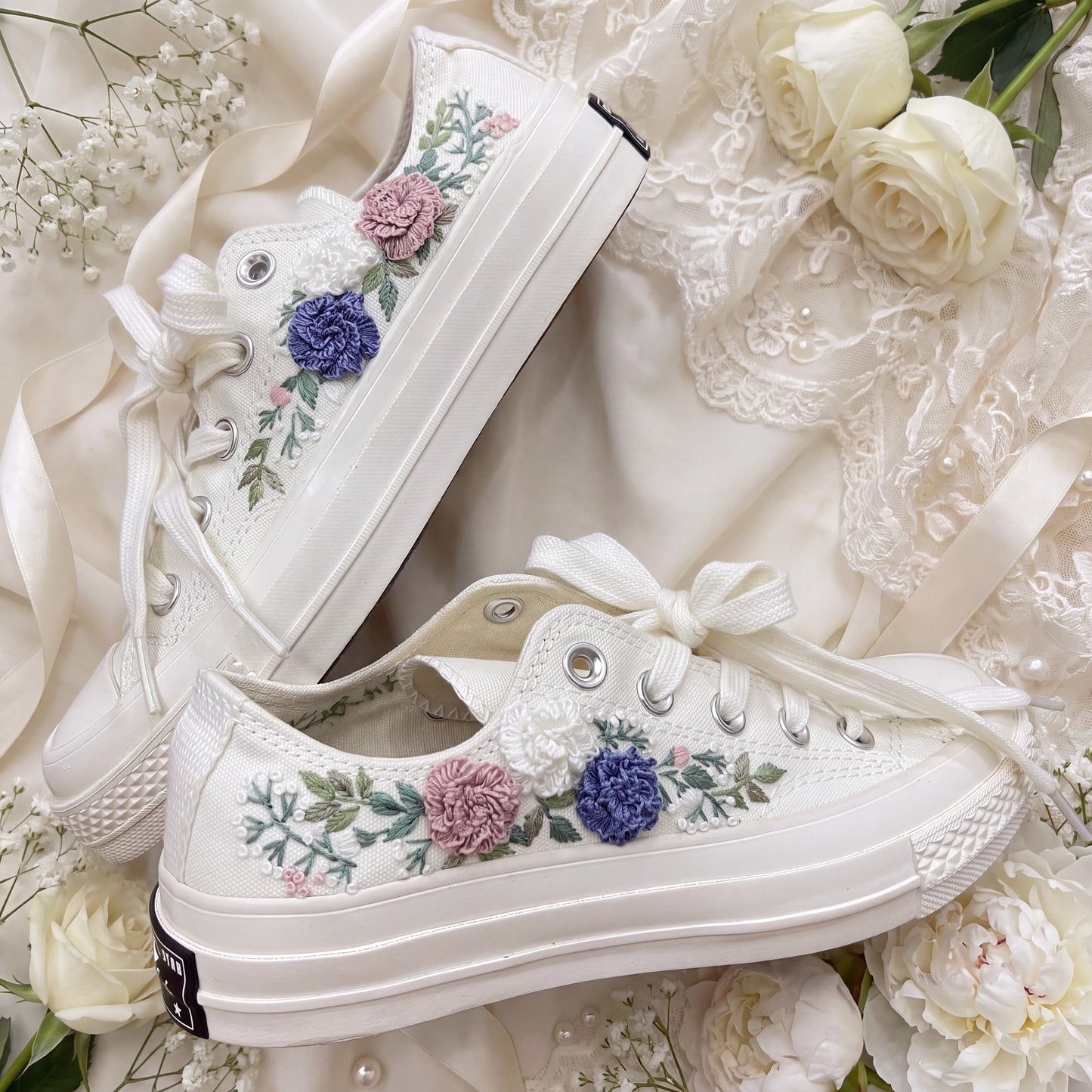 Hand Embroidered Low Top Bridal Converse Shoes | Custom Colorful Wildflower Wedding Sneakers | Personalized White Converse Gift for Bride