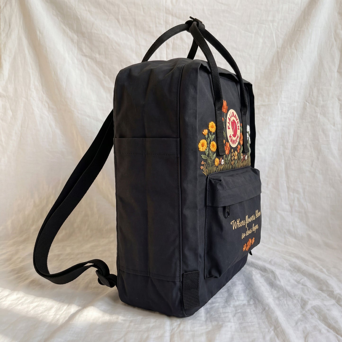 Personalized Fjallraven Kanken Wildflower Backpack, Embroidered Marigold & Baby's Breath Kanken Bag, CustomBackpack with Meaningful Quote