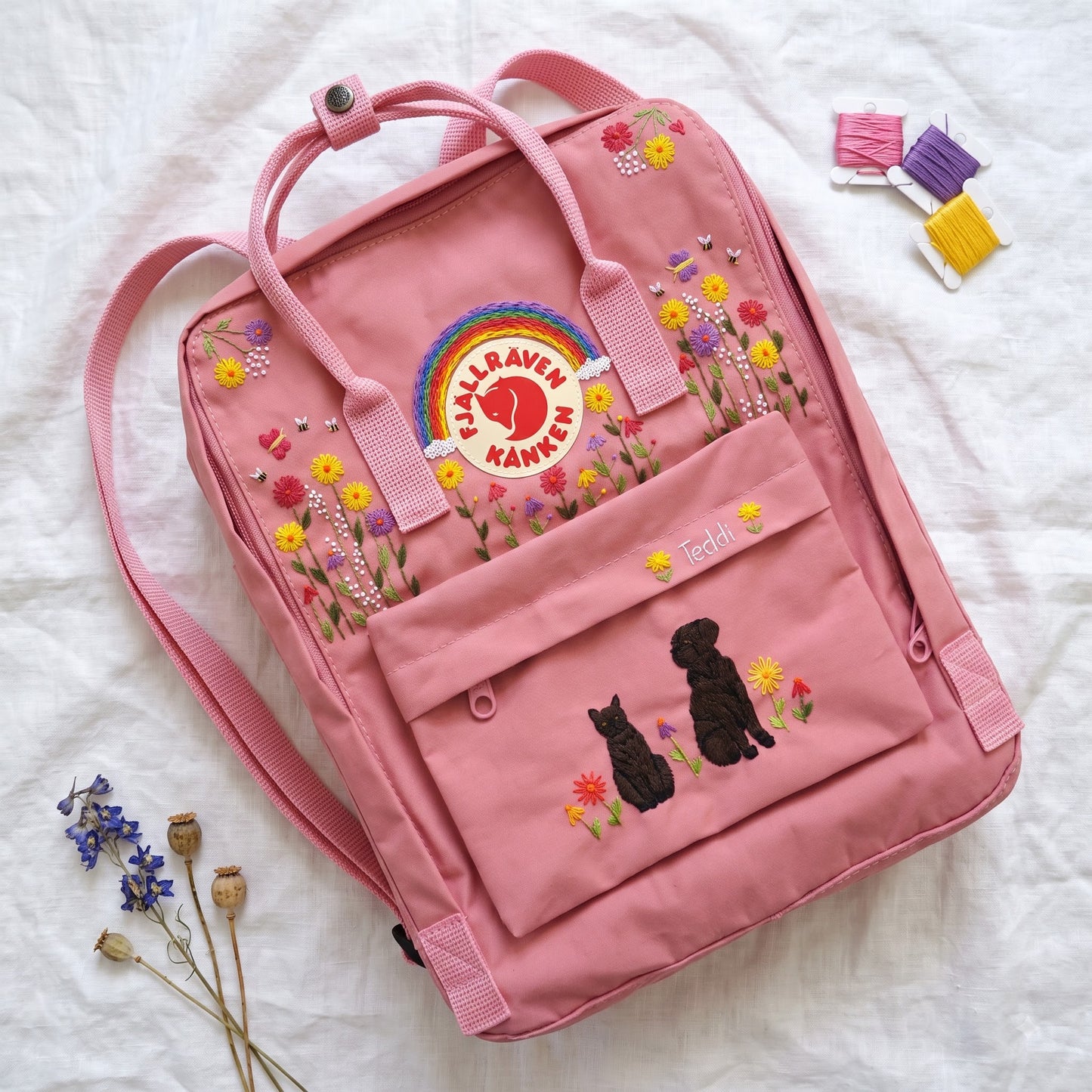 Personalized Fjallraven Kanken Pet Backpack | Custom Cat & Dog Embroidered Kanken Bag |Rainbow Wildflower Backpack | Custom Pet Portrait Bag