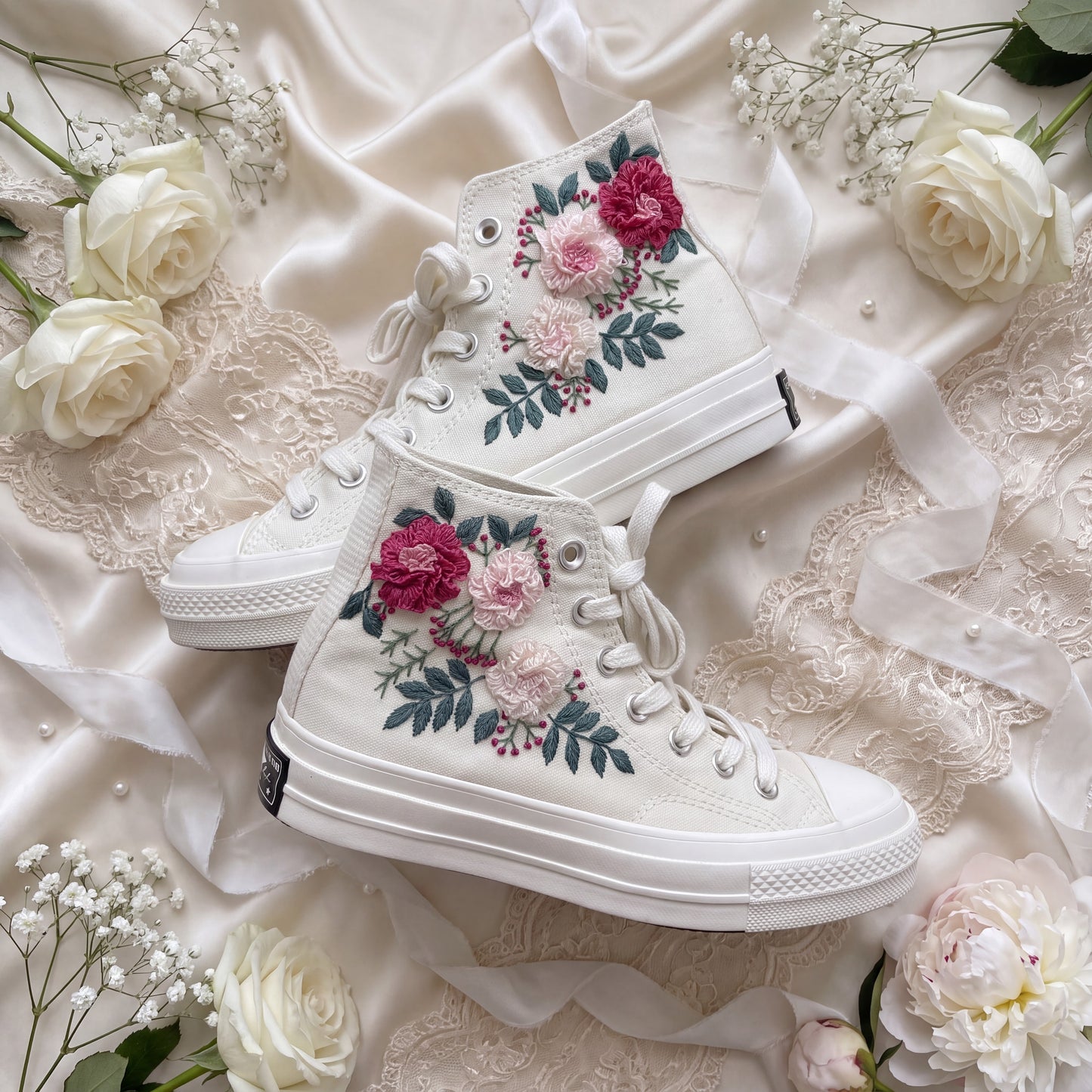 Hand Embroidered High Top Bridal Converse Shoes | Custom Pink Rose Wedding Sneakers | Personalized White Converse Gift for Bride