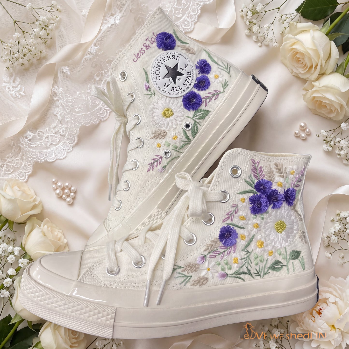 Hand Embroidered Bridal Converse Shoes | Custom Purple Wildflower Wedding Sneakers | Personalized White Converse Gift for Bride