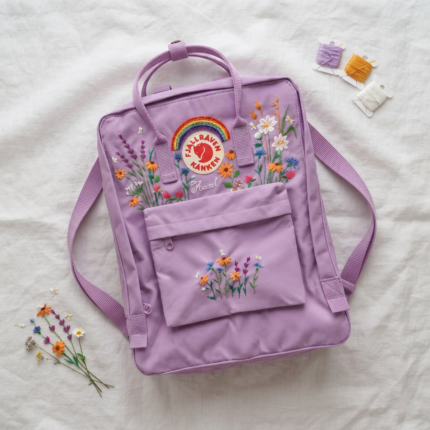 Custom Embroidered Fjallraven Kanken Backpack Wildflower | Fjallraven Kanken Travel Backpack| Handmade Cottagecore School Bag|Wildflower Bag