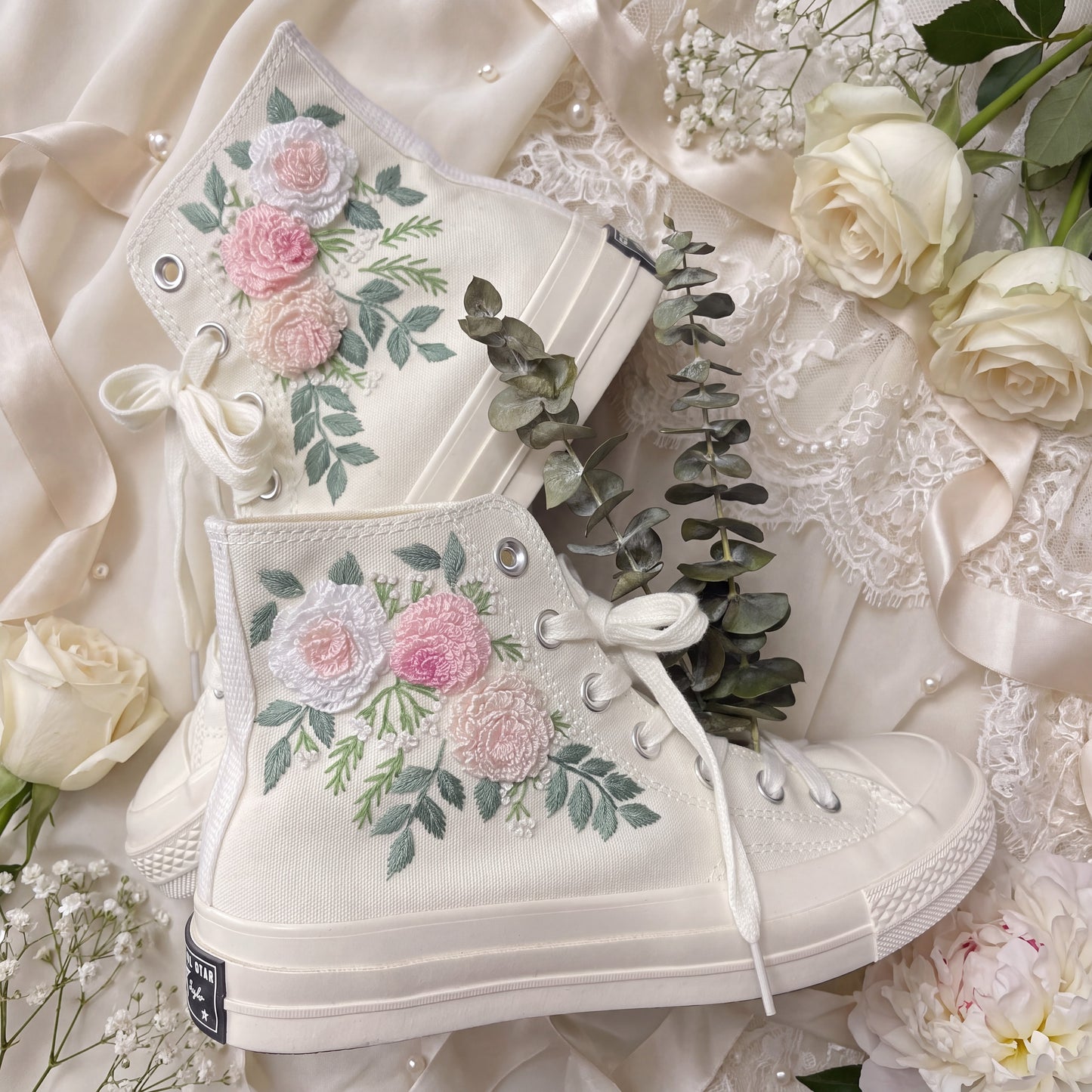 Hand Embroidered Bridal Converse Shoes | Custom Rose Floral Wedding Sneakers | Personalized White Converse Gift for Bride