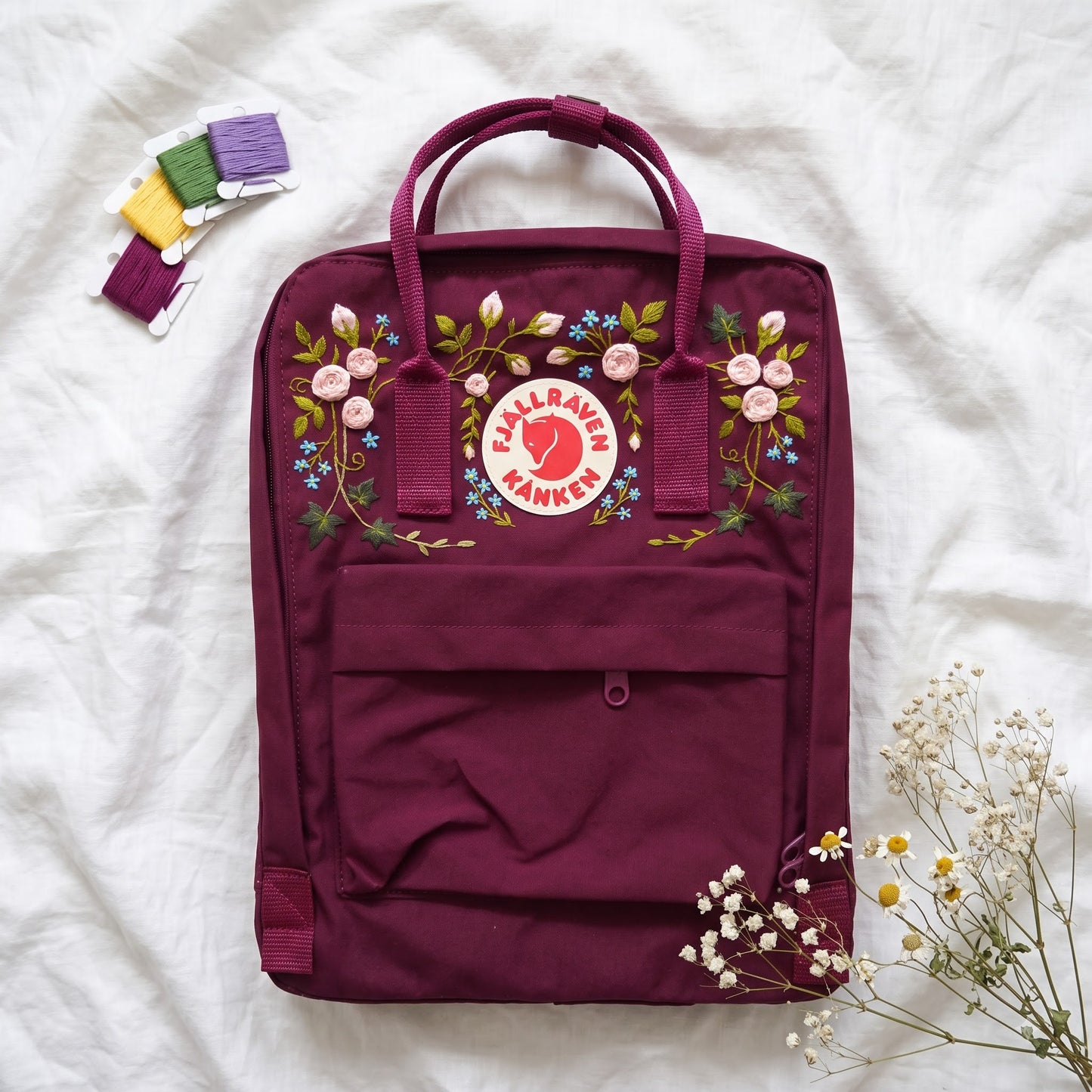 Kanken Fjallraven Backpack with Rose Garden Embroidery | Fjallraven Hand-Embroidered Floral Bag | Handmade Rose Design Backpack| Rose Design
