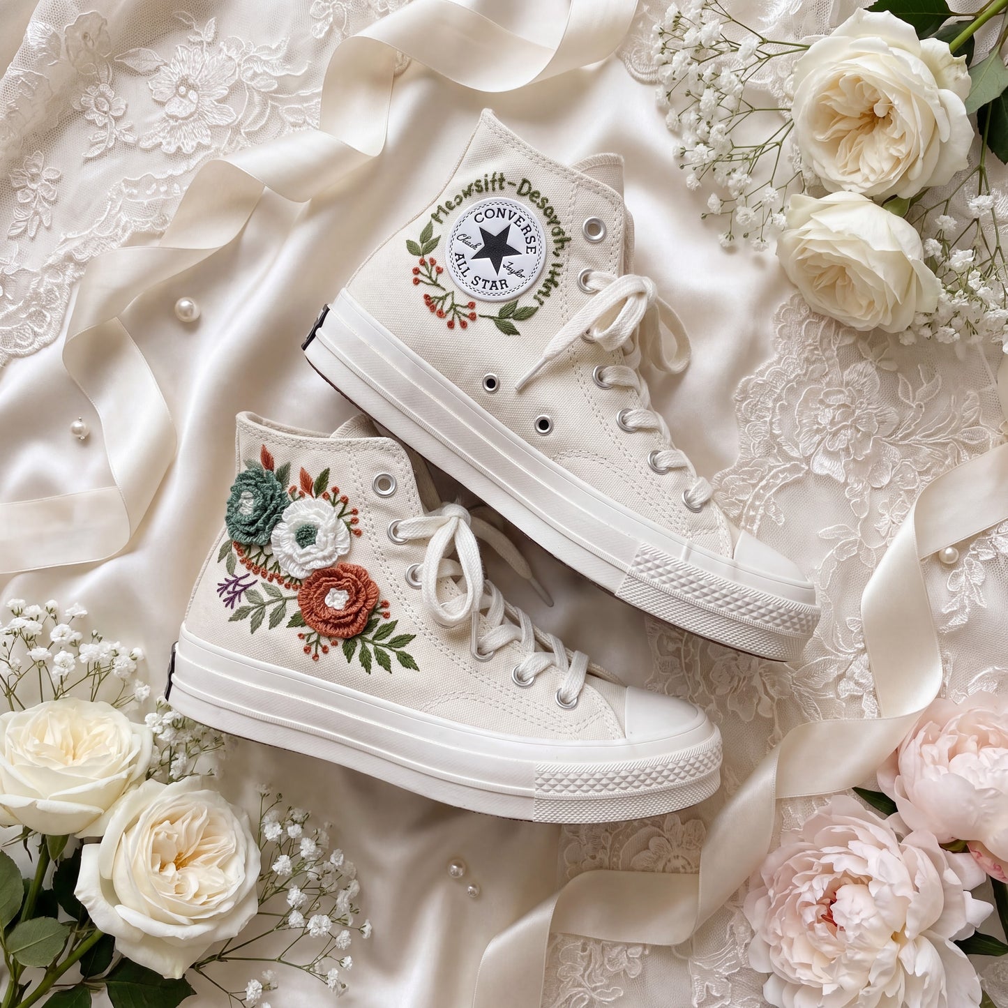 Hand Embroidered Bridal Converse Shoes | Custom Vintage Floral Wedding Sneakers | Personalized White Converse Gift for Bride