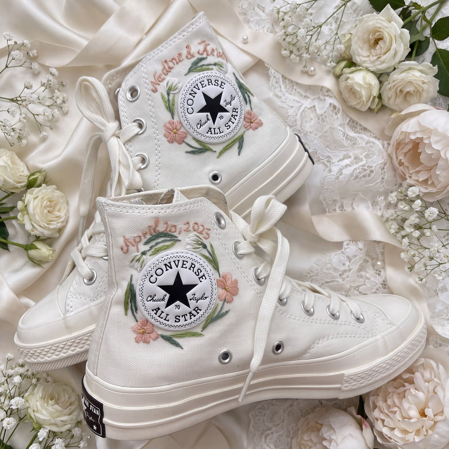 Hand Embroidered Bridal Converse Shoes | Custom Blush Wildflower Wedding Sneakers | Personalized White Converse Gift for Bride
