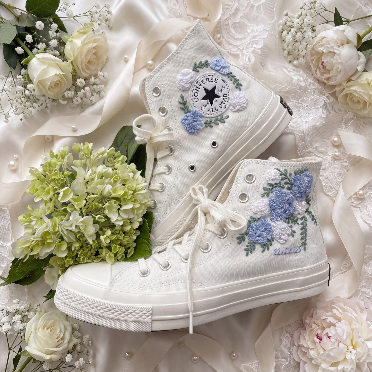 Hand Embroidered Bridal Converse Shoes | Custom Blue Hydrangea Wedding Sneakers | Personalized White Converse Gift for Bride