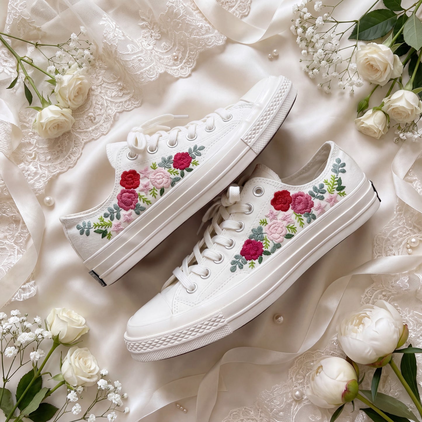 Hand Embroidered Bridal Converse Shoes | Custom Floral Wedding Sneakers | Personalized White Converse Gift for Bride