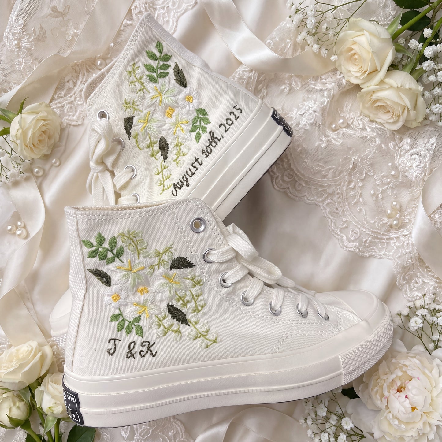 Hand Embroidered Bridal Converse Shoes | Custom White Jasmine Wedding Sneakers | Personalized White Converse Gift for Bride