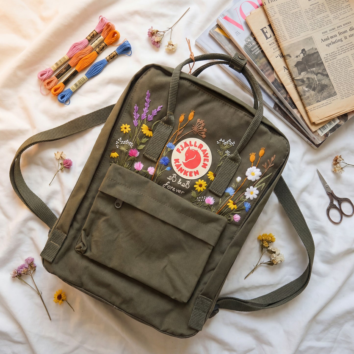 Personalized Fjallraven Kanken Wildflower Backpack | Custom Embroidered Kanken Bag | Wildflower Embroidery Backpack | Back to School Gift