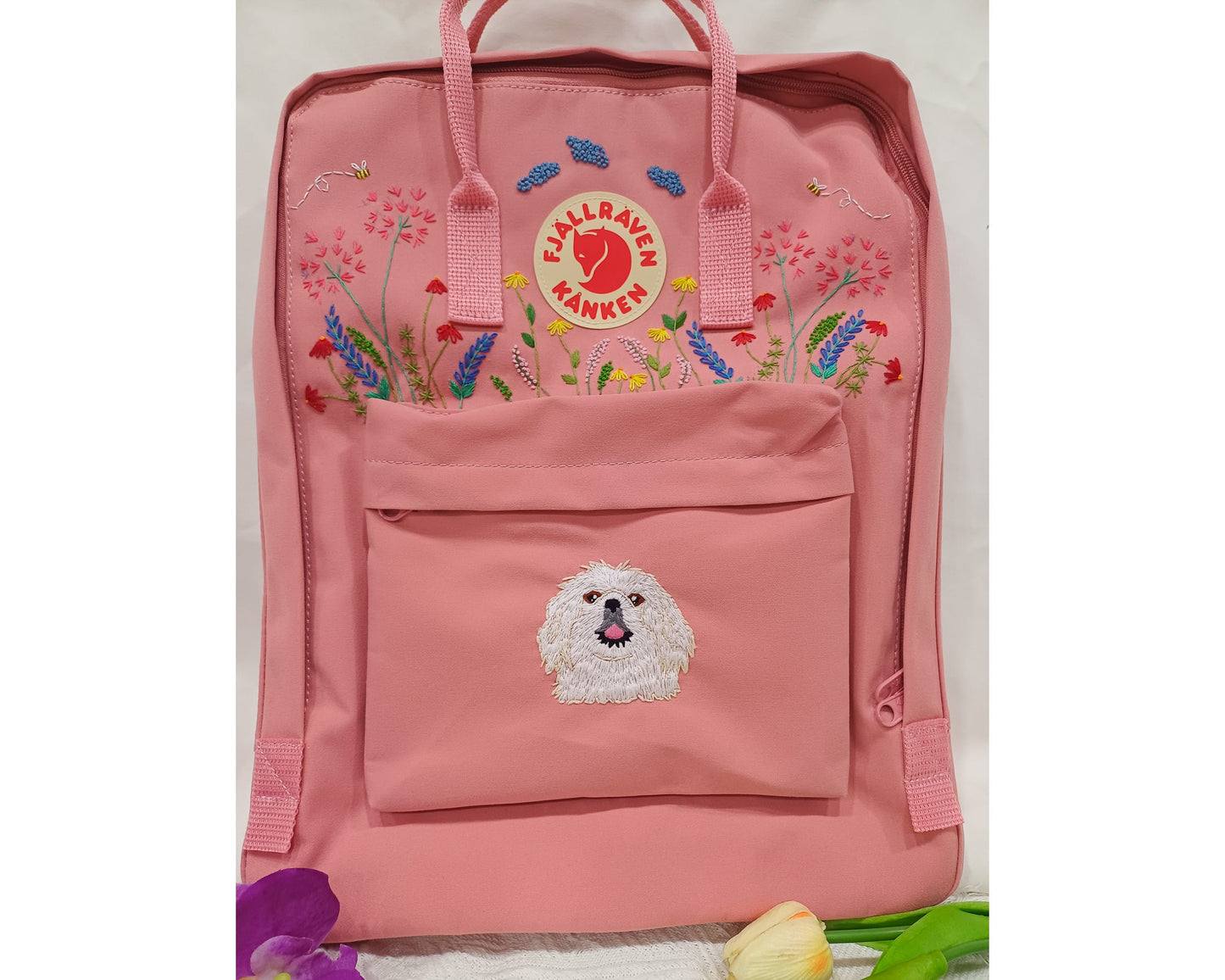 Fjallraven Kanken Backpack with Wildflowers, Clouds and Dog Embroidery - Personalized Embroidered Backpack - Custom Bag for Women