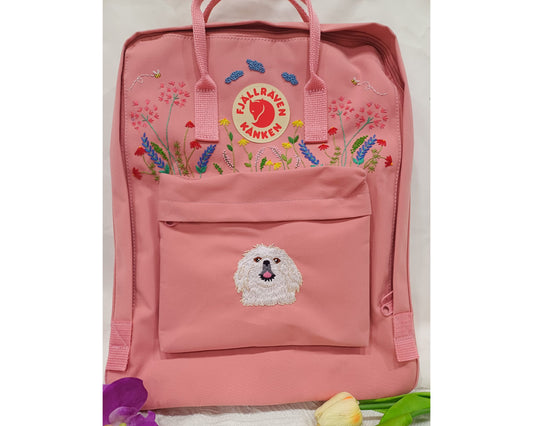 Fjallraven Kanken Backpack with Wildflowers, Clouds and Dog Embroidery - Personalized Embroidered Backpack - Custom Bag for Women