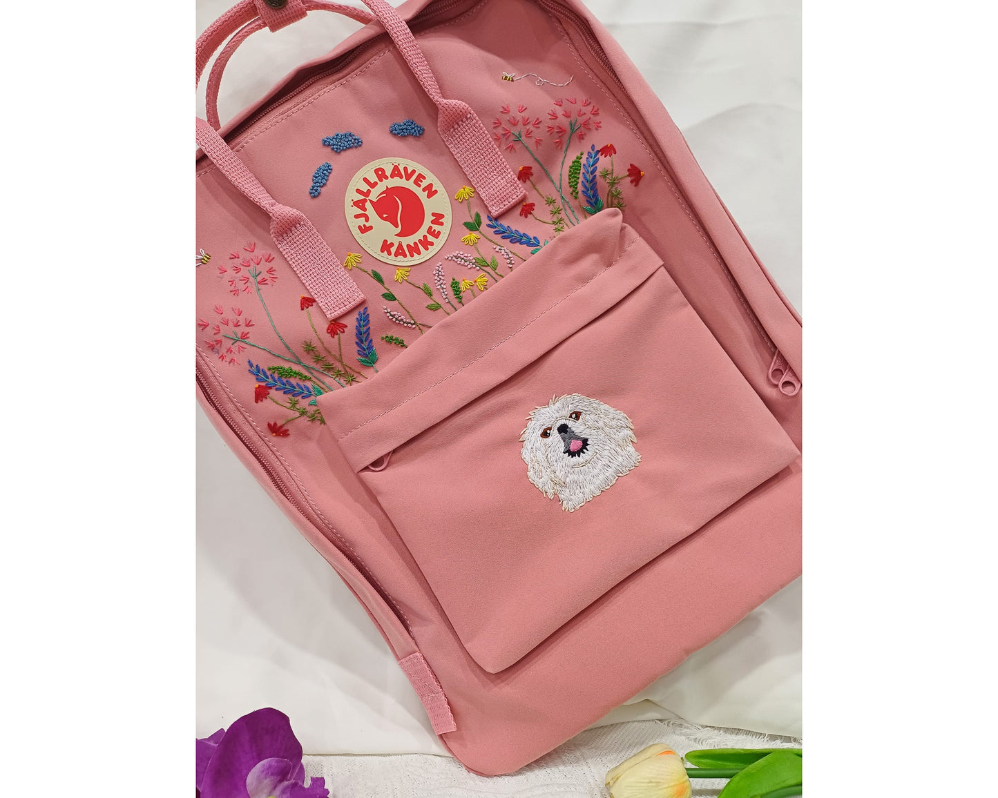 Fjallraven Kanken Backpack with Wildflowers, Clouds and Dog Embroidery - Personalized Embroidered Backpack - Custom Bag for Women