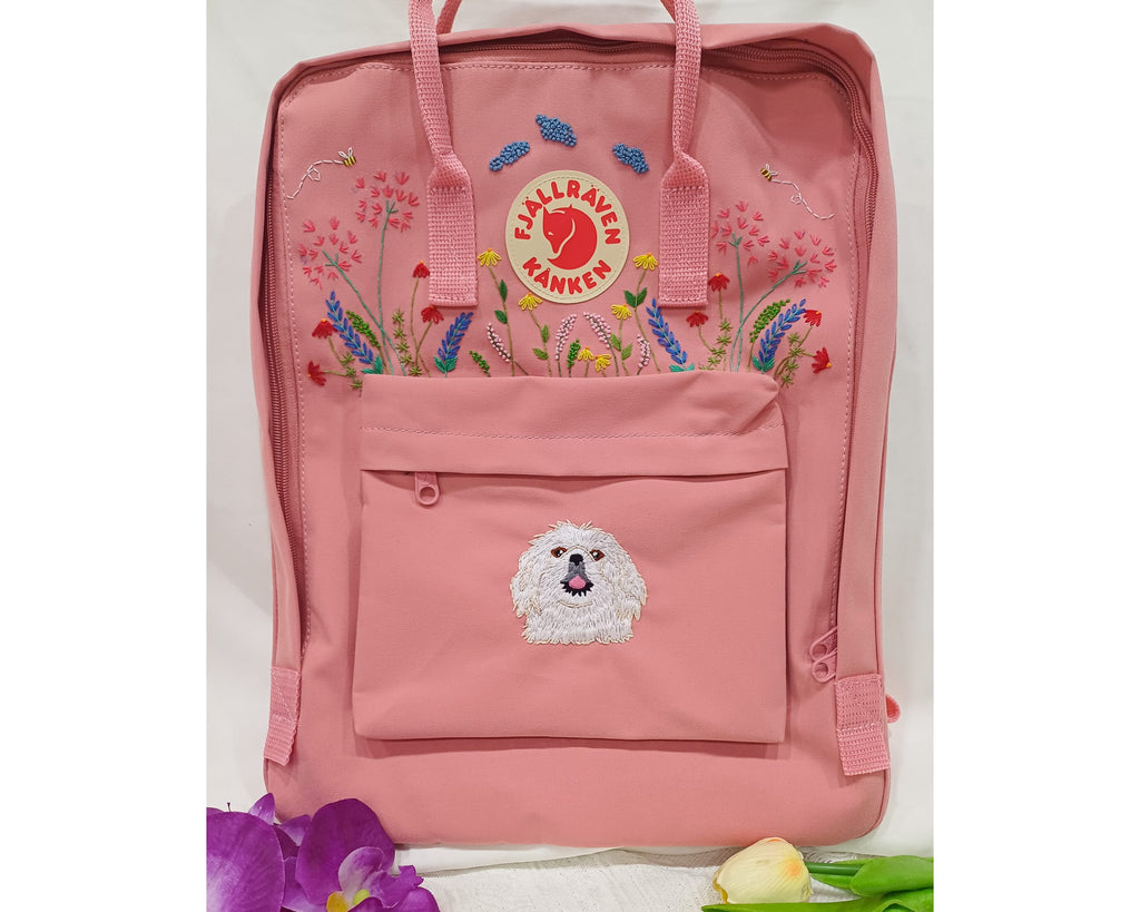  Fjallraven Kanken Backpack with Wildflowers, Clouds and Dog Embroidery - Personalized Embroidered Backpack - Custom Bag for Women 
