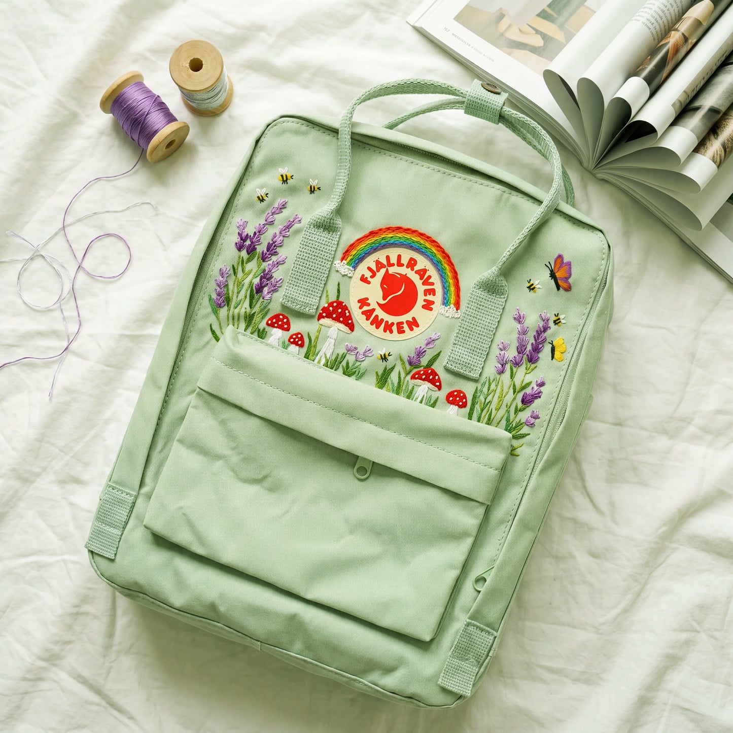 Fjallraven Kanken Rainbow Lavender Mushroom Embroidered Backpack | Lavender Mushroom Cottagecore Backpack | Cute Rainbow Floral School Bag