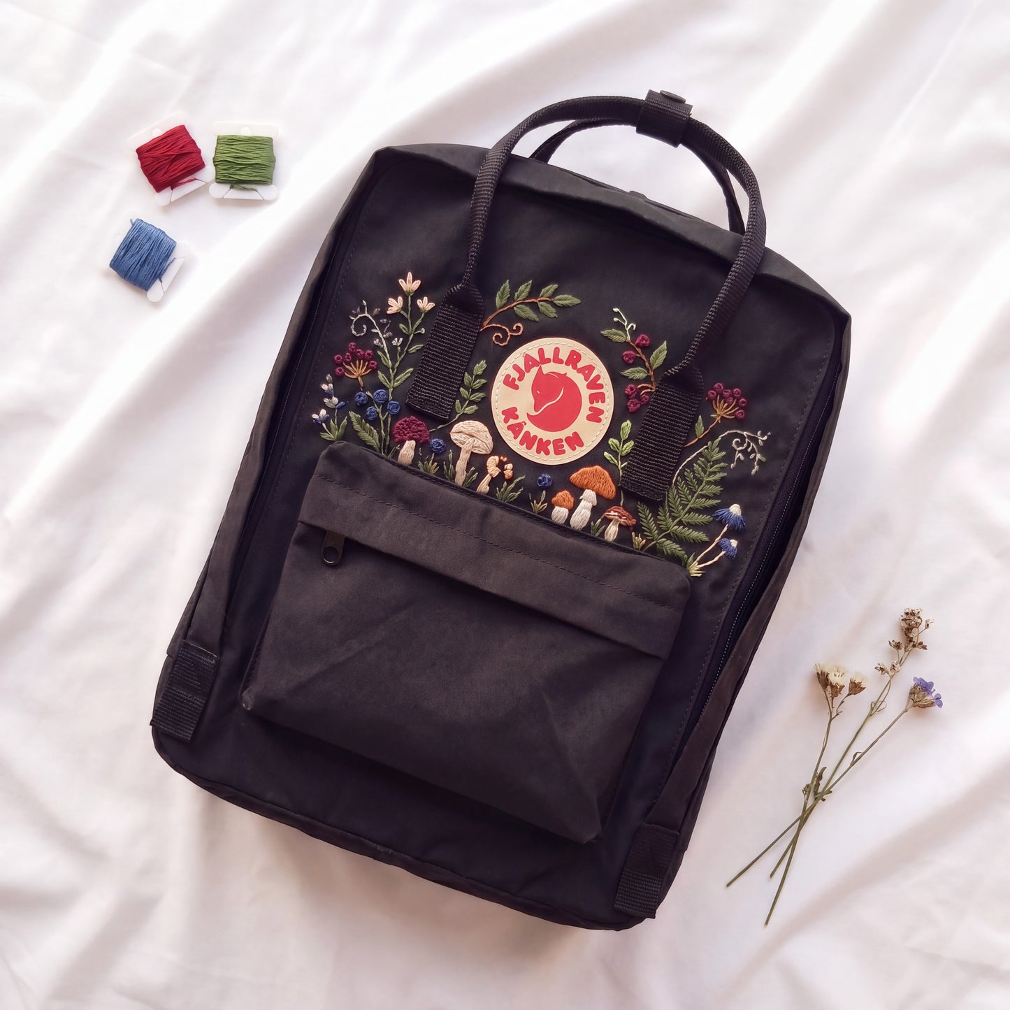 Hand Embroidered Fjallraven Kanken Backpack, Mushroom Floral Backpack, Cottagecore Forest Bag, Custom Personalized Kanken Backpack