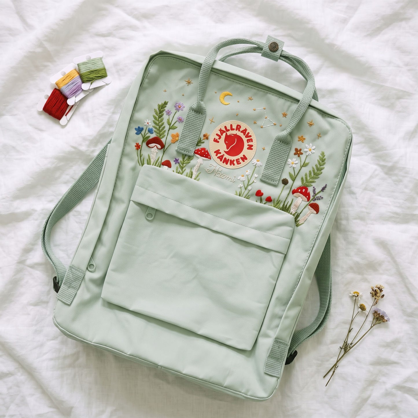Fjallraven Kanken Backpack Embroidered with Mushrooms and Wildflowers | Mushroom & Floral Design Backpack | Personalized Custom Kanken