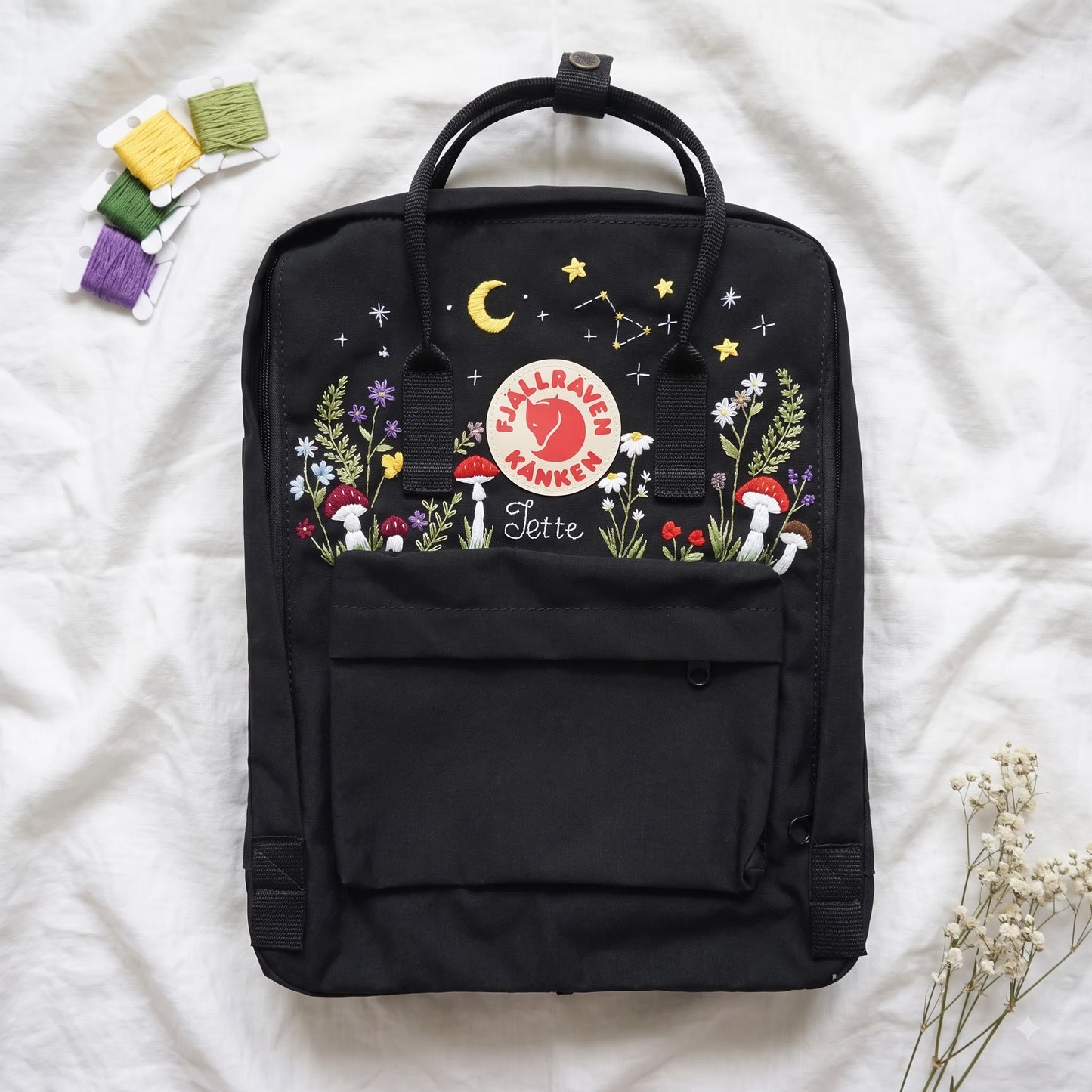 Fjallraven Kanken Backpack Embroidered with Mushrooms and Wildflowers | Mushroom & Floral Design Backpack | Personalized Custom Kanken