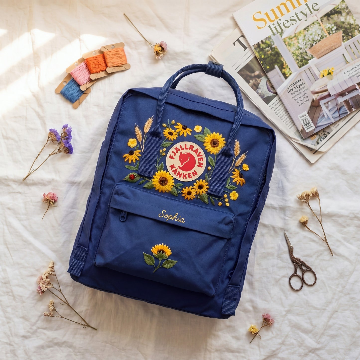 Personalized Fjallraven Kanken Sunflower Backpack, Custom Name Embroidered Kanken Bag, Embroidered Sunflower Garden School Backpack
