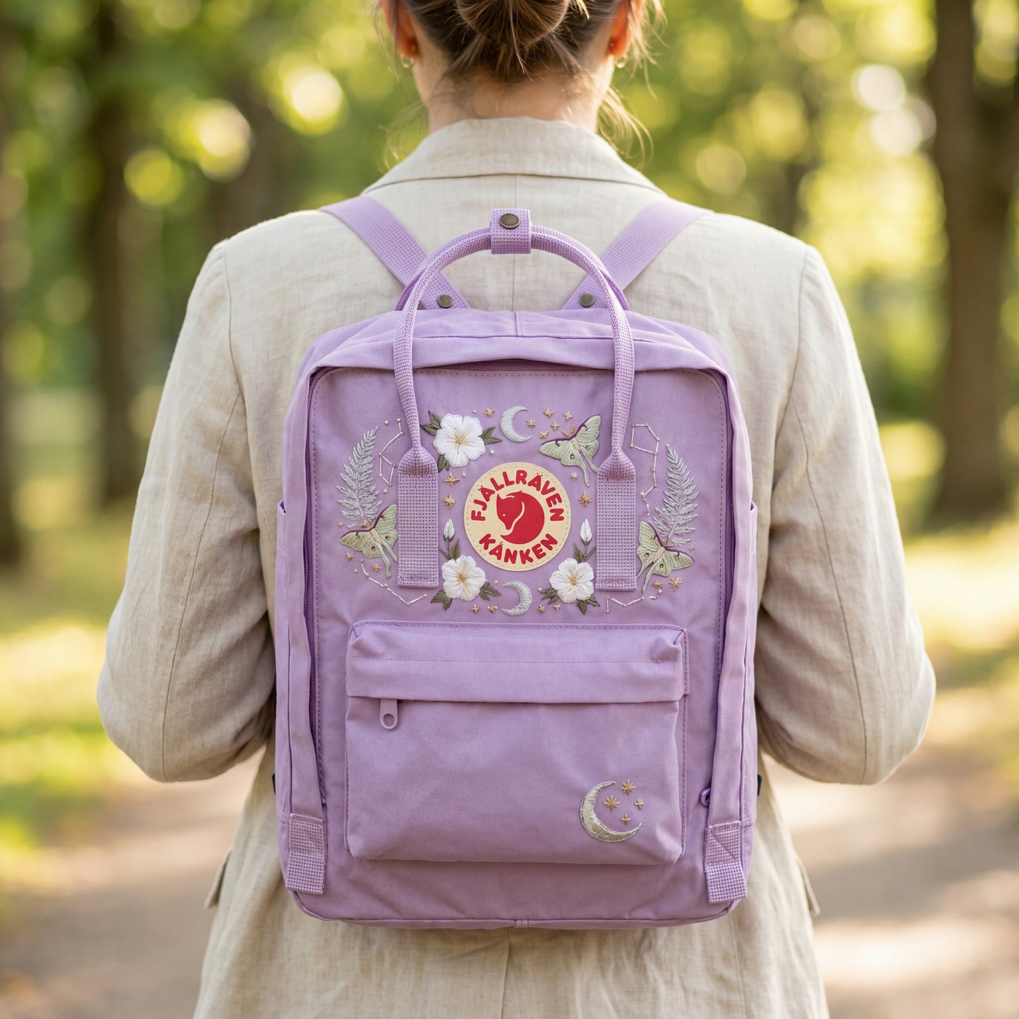 Custom Embroidered Fjallraven Kanken Backpack | Luna Moth, Moon & Stars Design | Personalized Celestial Backpack | Witchy Aesthetic Gift