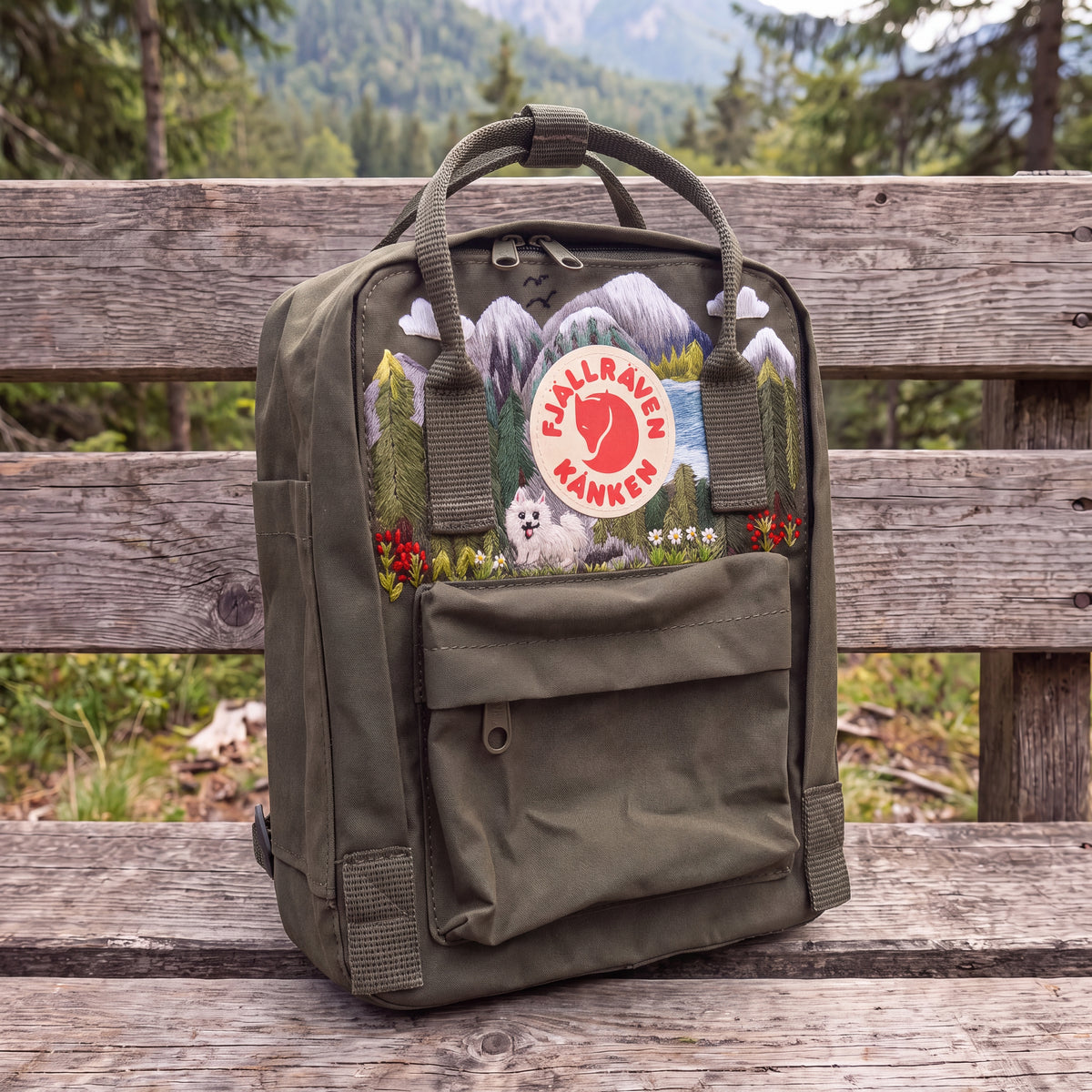 Fjallraven Kanken Hand Embroidered Dog Mountain Backpack | Pine Forest Landscape Bag | Outdoor Nature Backpack | Dog Lover Gift