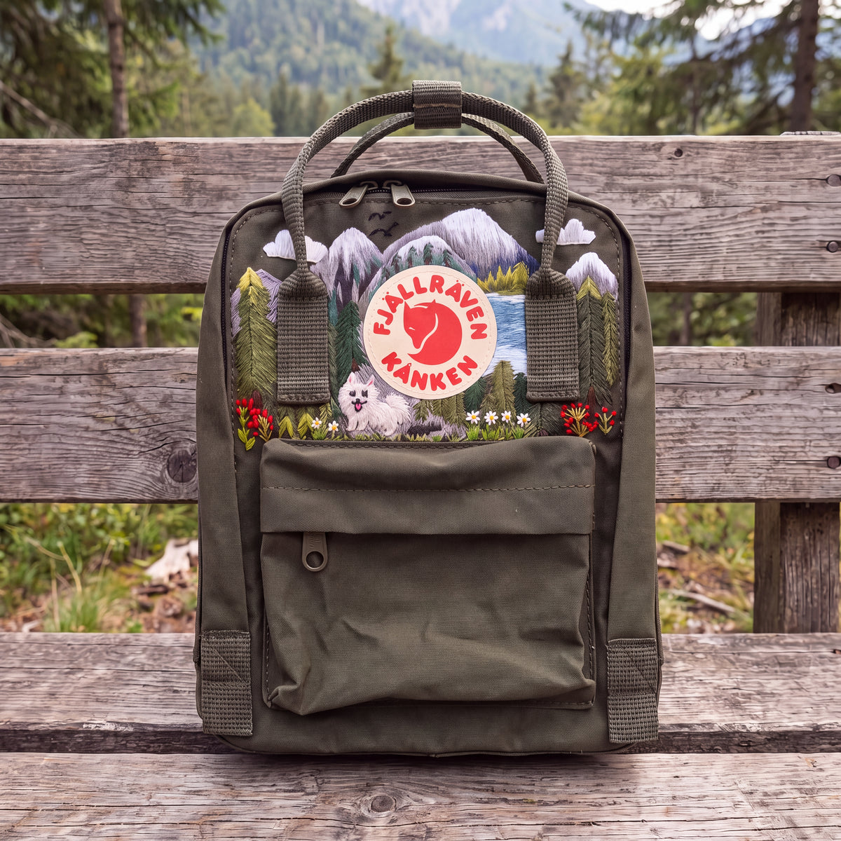 Fjallraven Kanken Hand Embroidered Dog Mountain Backpack | Pine Forest Landscape Bag | Outdoor Nature Backpack | Dog Lover Gift