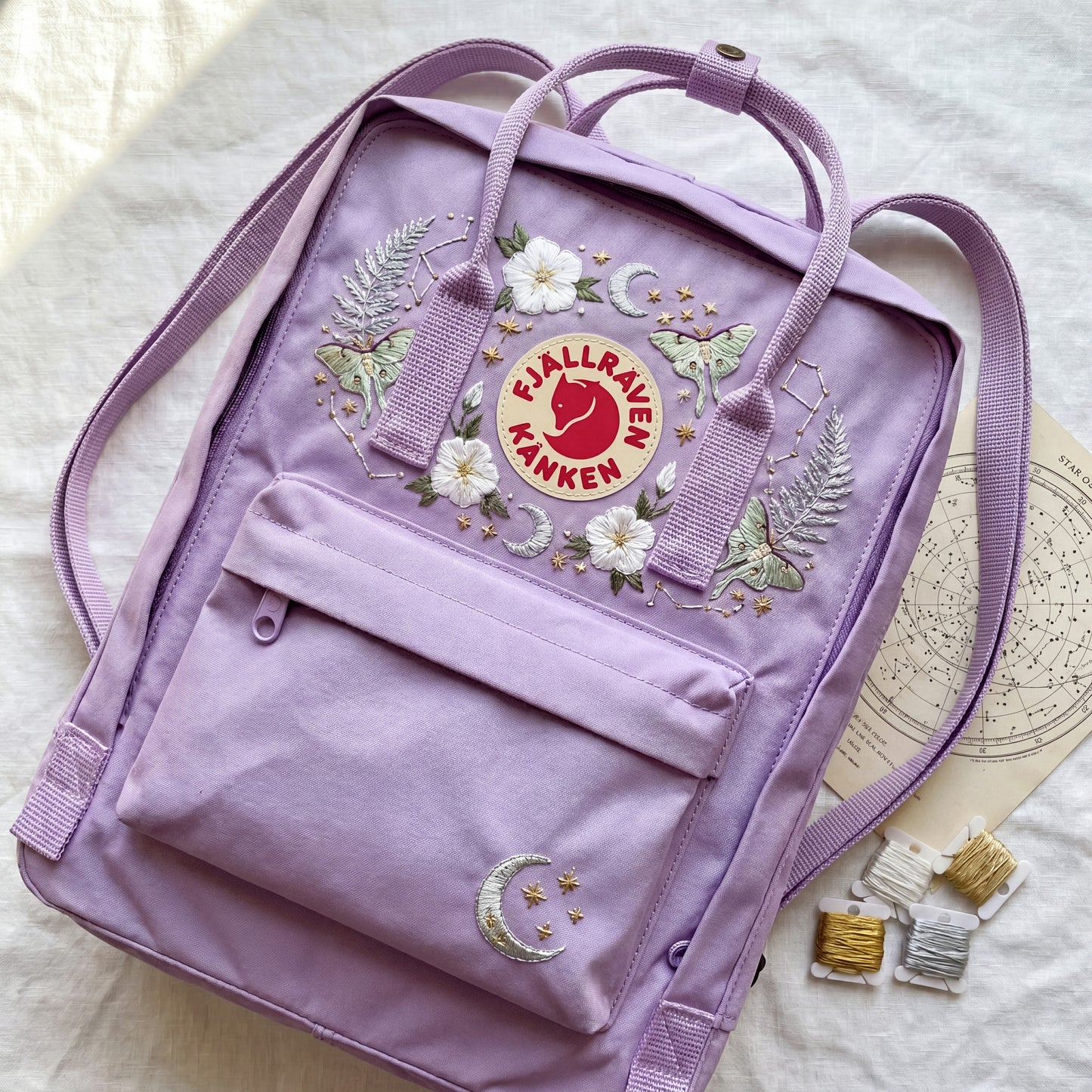 Custom Embroidered Fjallraven Kanken Backpack | Luna Moth, Moon & Stars Design | Personalized Celestial Backpack | Witchy Aesthetic Gift