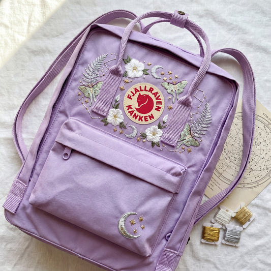 Custom Embroidered Fjallraven Kanken Backpack | Luna Moth, Moon & Stars Design | Personalized Celestial Backpack | Witchy Aesthetic Gift