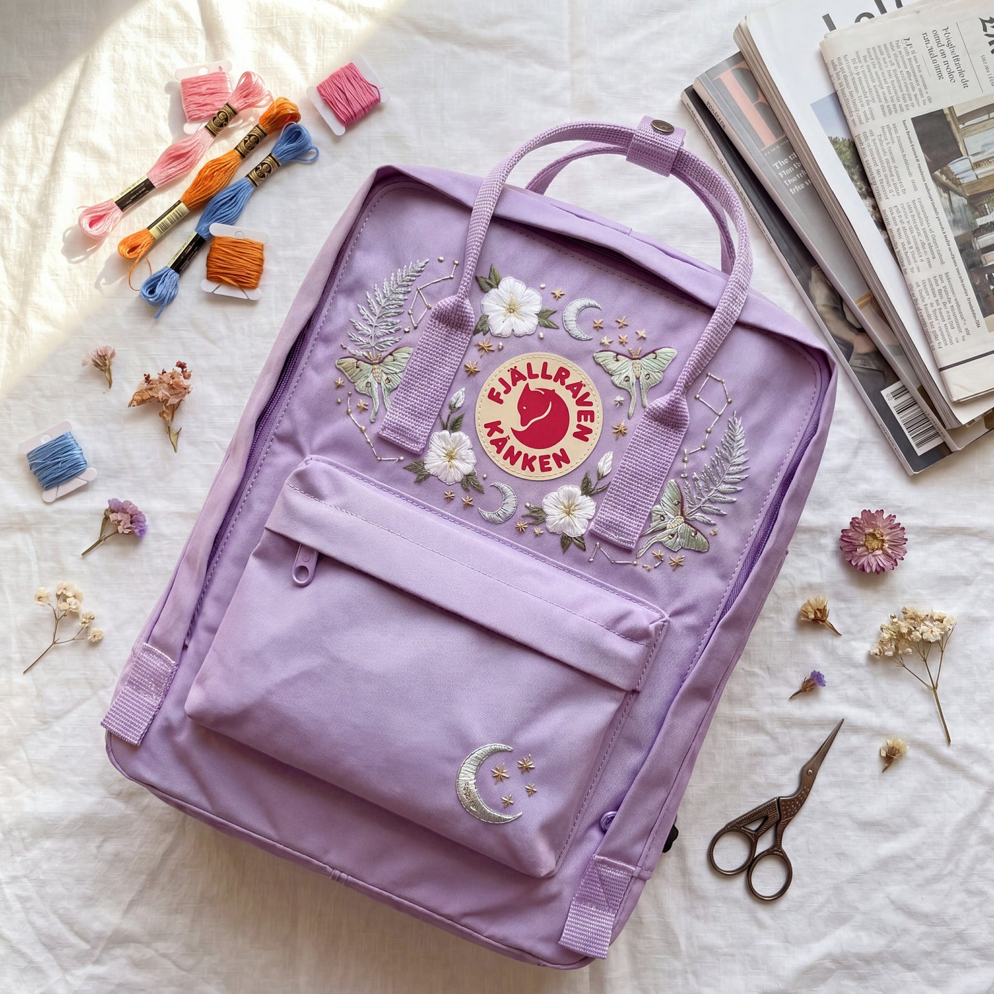 Custom Embroidered Fjallraven Kanken Backpack | Luna Moth, Moon & Stars Design | Personalized Celestial Backpack | Witchy Aesthetic Gift