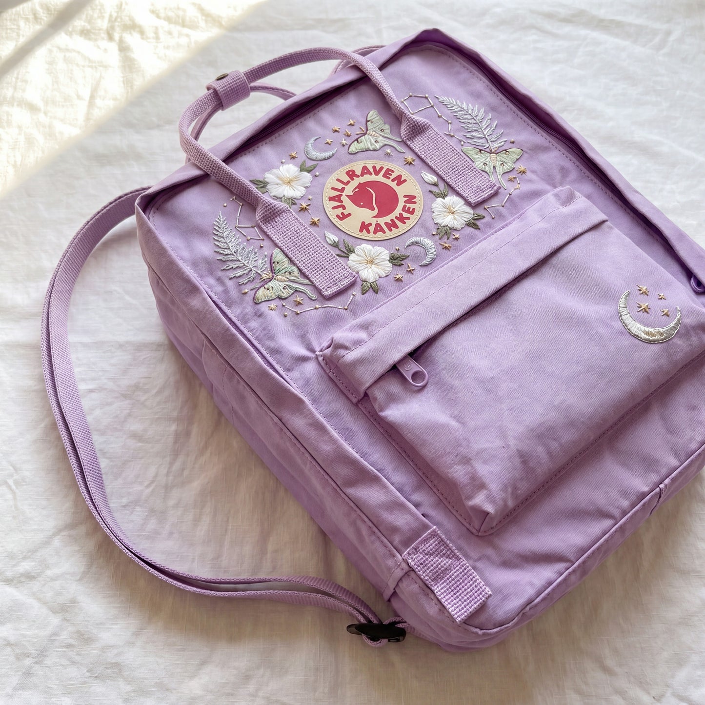 Custom Embroidered Fjallraven Kanken Backpack | Luna Moth, Moon & Stars Design | Personalized Celestial Backpack | Witchy Aesthetic Gift