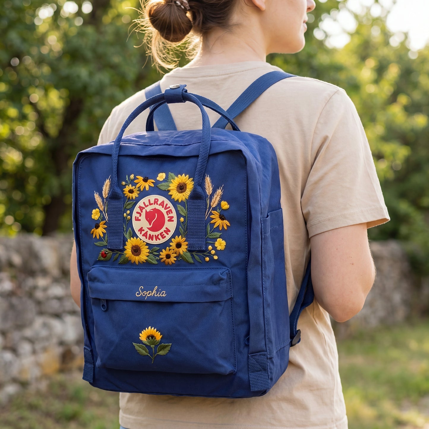 Personalized Fjallraven Kanken Sunflower Backpack, Custom Name Embroidered Kanken Bag, Embroidered Sunflower Garden School Backpack