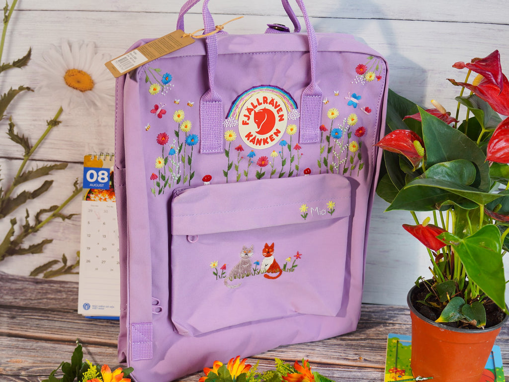  Hand embroidered fjallraven kanken backpack with rainbow flower and cat design 