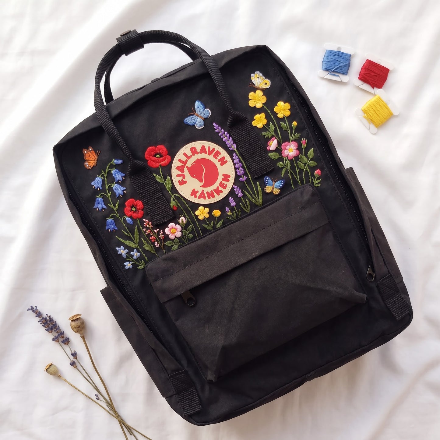 Hand Embroidered Fjallraven Kanken Backpack, Floral Butterfly Kanken Bag, Custom Embroidered Backpack, Personalized Kanken Backpack