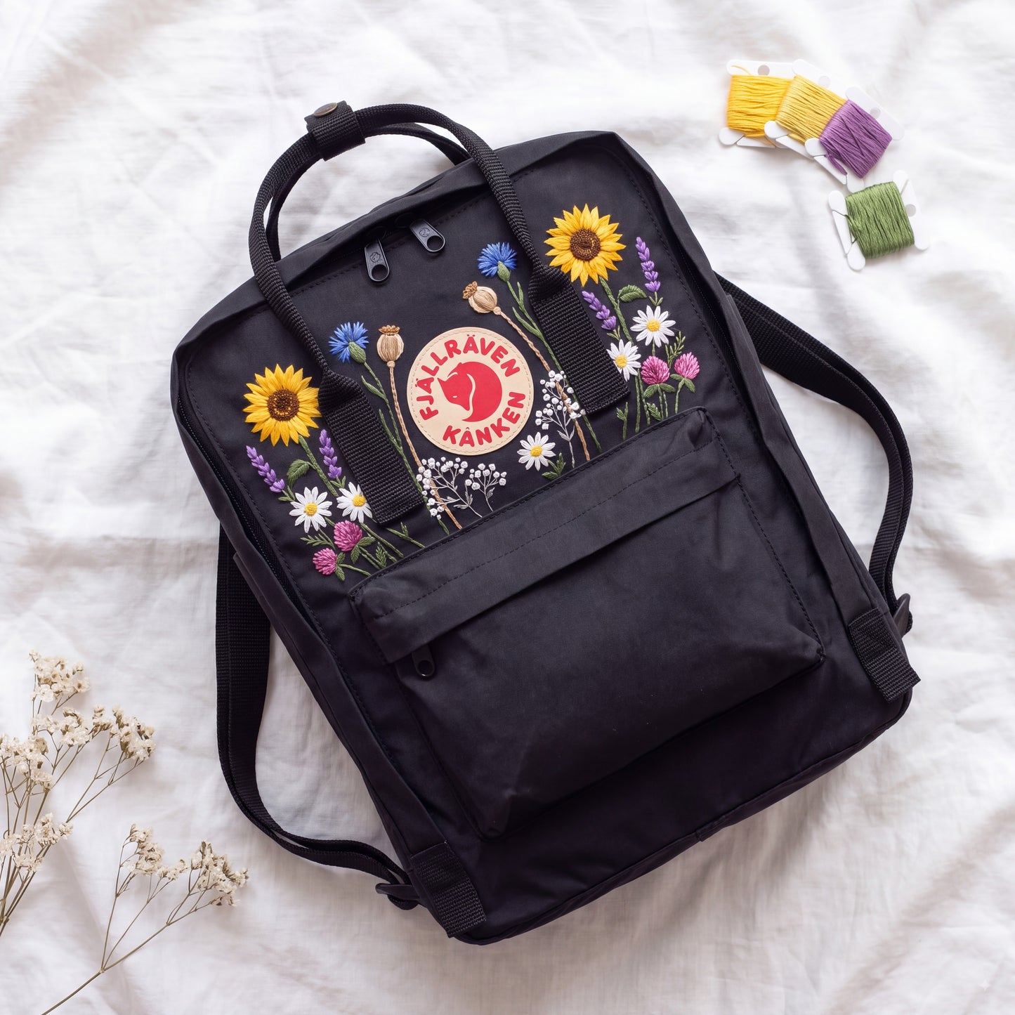Hand Embroidered Fjallraven Kanken Backpack | Sunflower Wildflower Backpack | Daisy Floral Kanken Bag | Custom Personalized Backpack