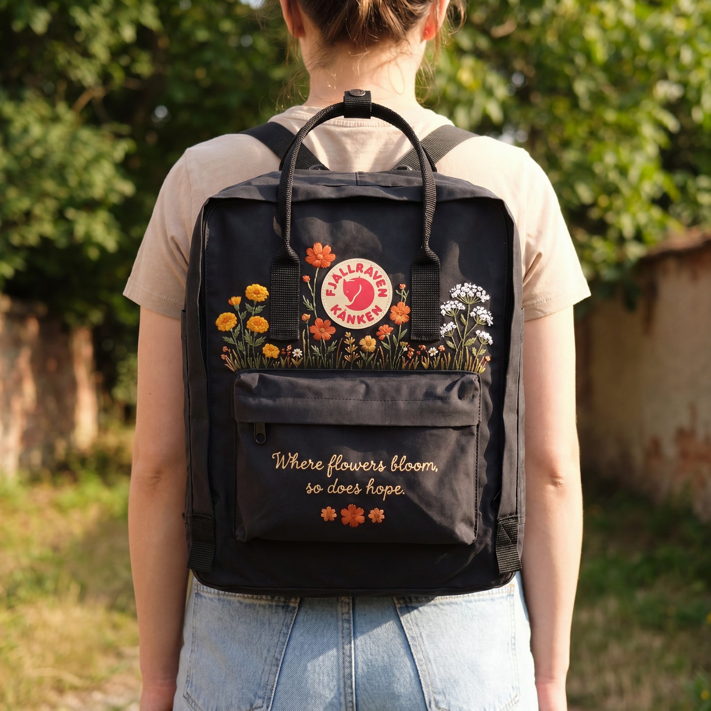 Personalized Fjallraven Kanken Wildflower Backpack, Embroidered Marigold & Baby's Breath Kanken Bag, CustomBackpack with Meaningful Quote