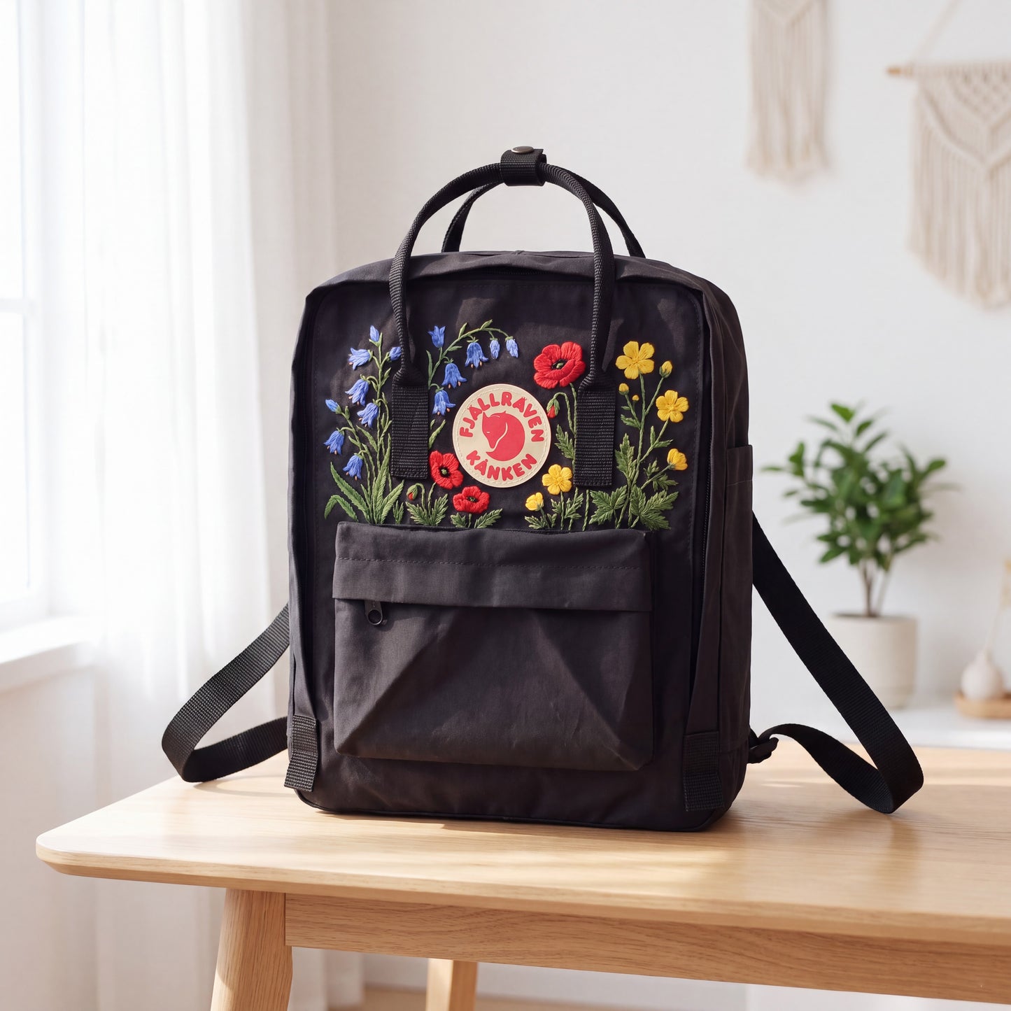 Hand Embroidered Fjallraven Kanken Backpack, Wildflower Floral Backpack, Poppy Flower Kanken Bag, Custom Embroidered Backpack