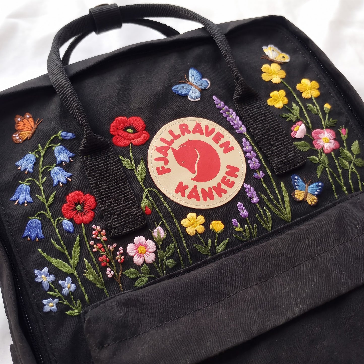 Hand Embroidered Fjallraven Kanken Backpack, Floral Butterfly Kanken Bag, Custom Embroidered Backpack, Personalized Kanken Backpack
