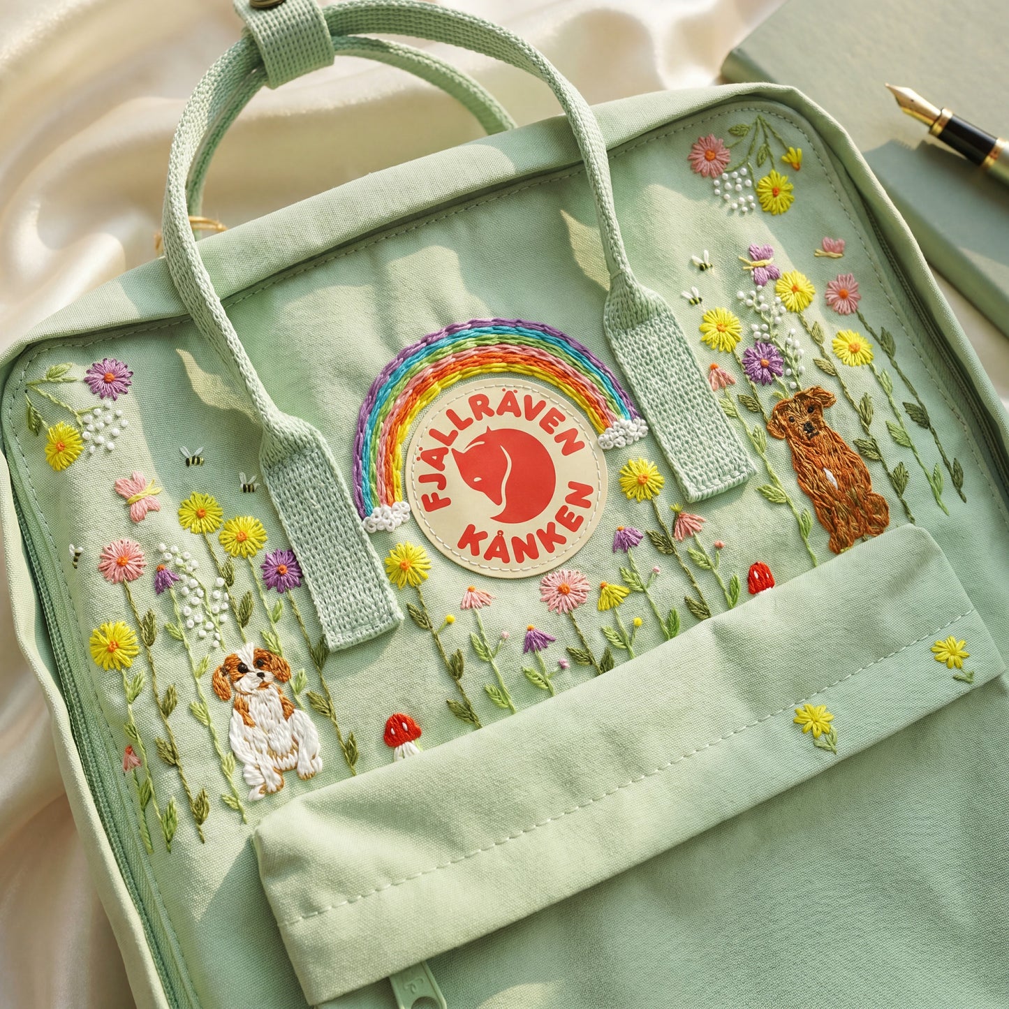Hand-Embroidered Fjallraven Kanken Backpack with Dogs Design| Custom Embroidered Fjallraven Kanken Backpack | Dogs Embroidery Backpack