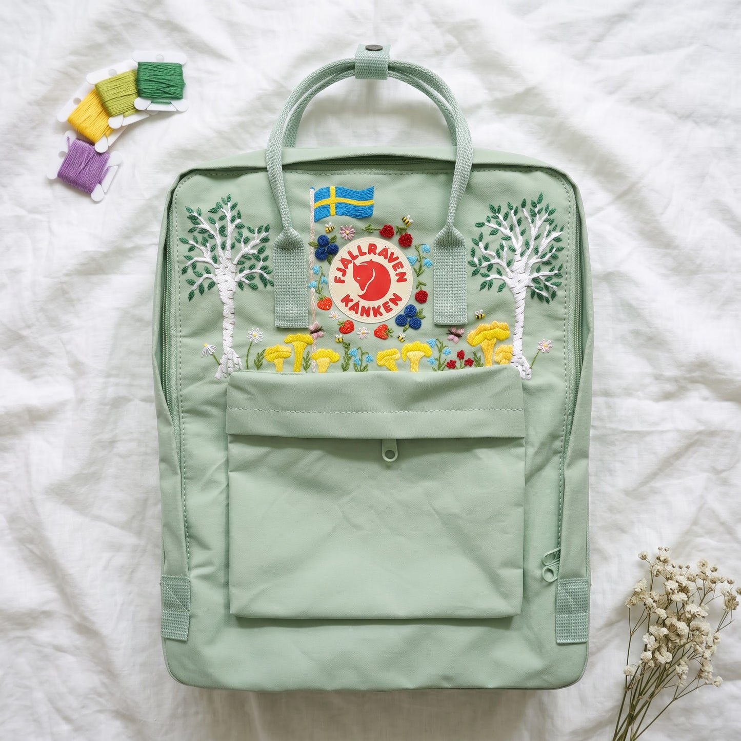 Personalized Fjallraven Kanken Swedish Forest Backpack | Custom Scandinavian Woodland Backpack | Swedish Flag & Wildflower Embroidery