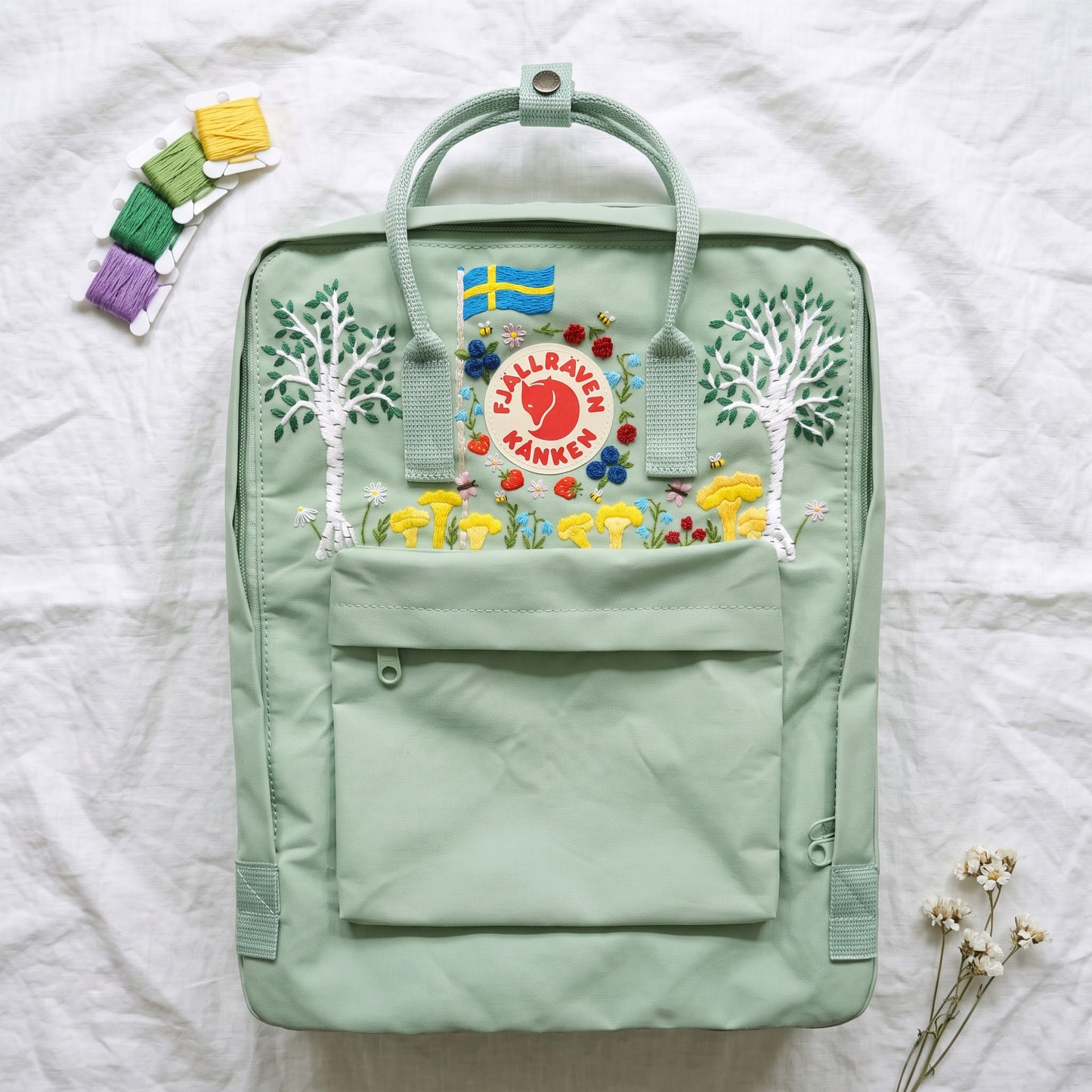 Personalized Fjallraven Kanken Swedish Forest Backpack | Custom Scandinavian Woodland Backpack | Swedish Flag & Wildflower Embroidery