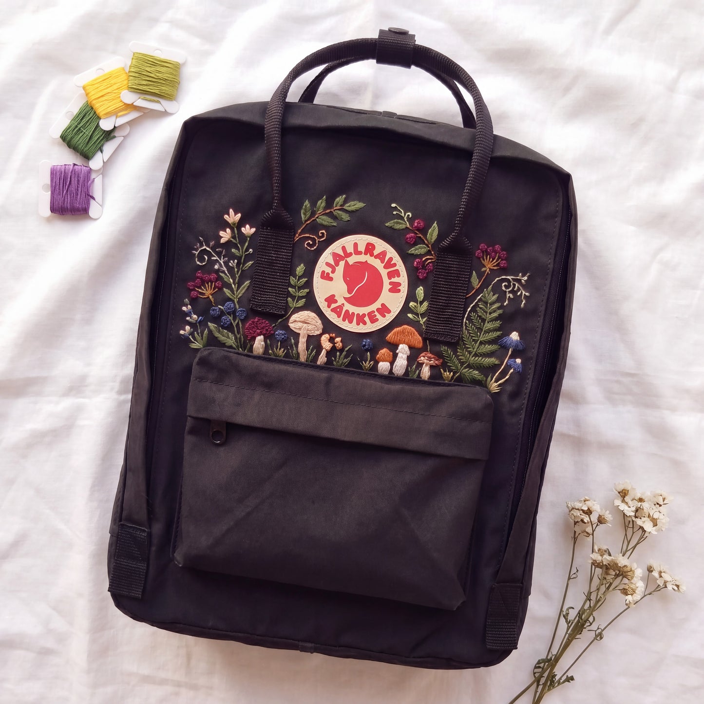 Hand Embroidered Fjallraven Kanken Backpack, Mushroom Floral Backpack, Cottagecore Forest Bag, Custom Personalized Kanken Backpack