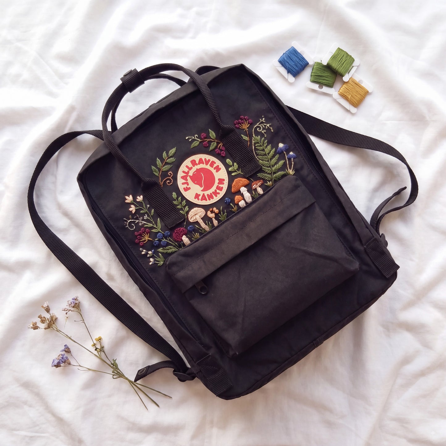 Hand Embroidered Fjallraven Kanken Backpack, Mushroom Floral Backpack, Cottagecore Forest Bag, Custom Personalized Kanken Backpack
