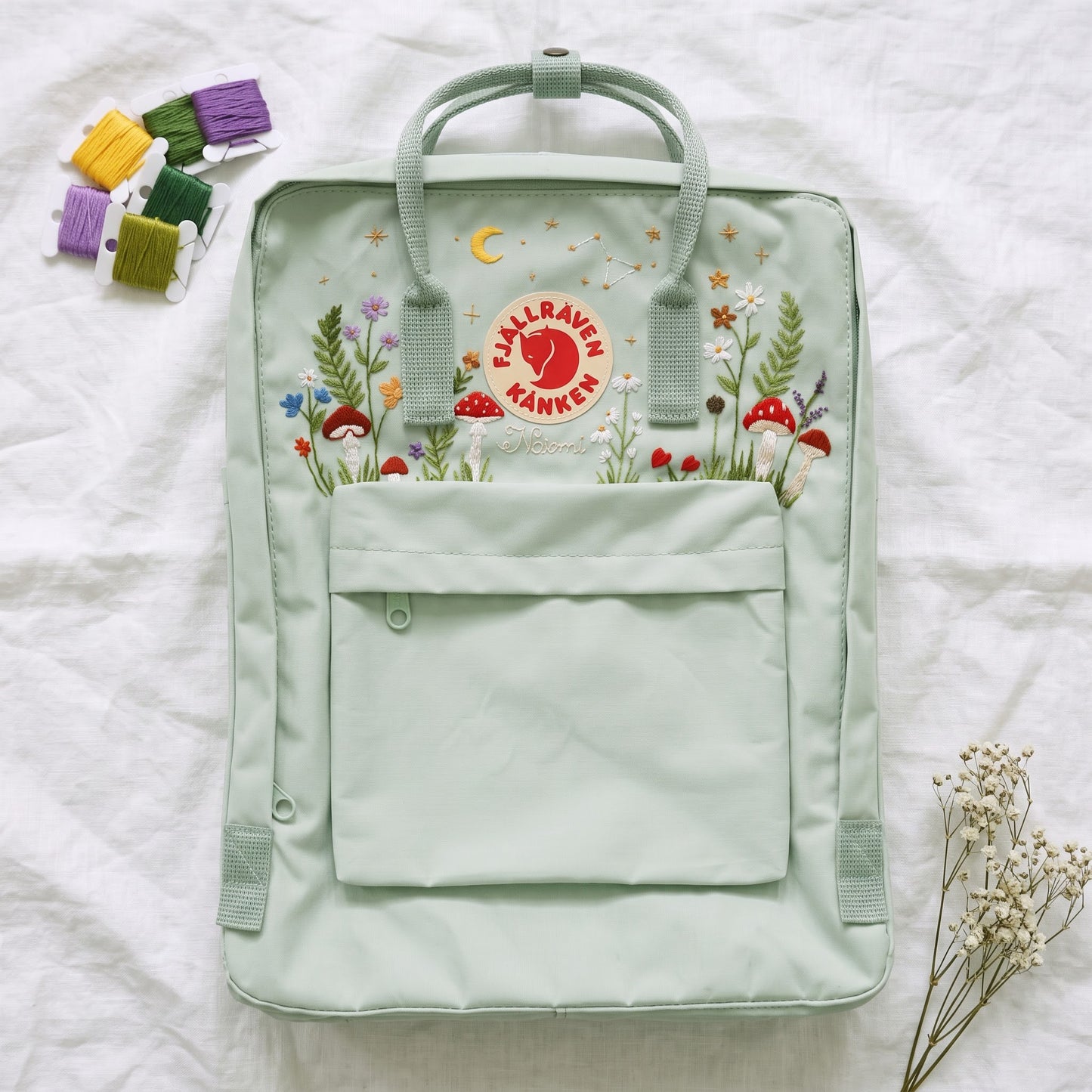 Fjallraven Kanken Backpack Embroidered with Mushrooms and Wildflowers | Mushroom & Floral Design Backpack | Personalized Custom Kanken