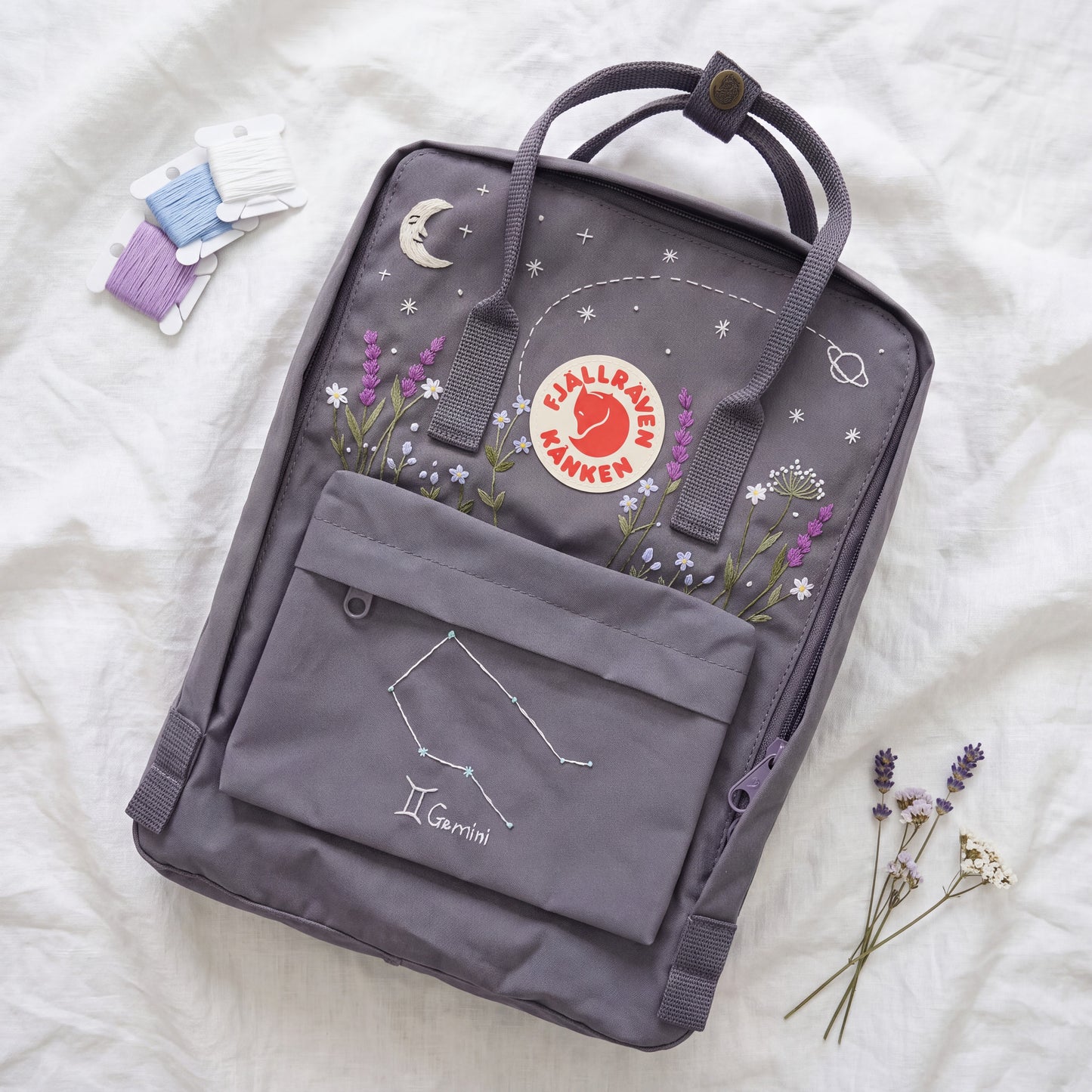 Personalized Fjallraven Kanken Backpack | Gemini Zodiac Embroidered Backpack | Moon & Stars Celestial Kanken Bag | Lavender Backpack